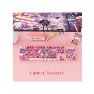 لوحة مفاتيح الألعاب الميكانيكية على طراز الآلة الكاتبة مع إضاءة جانبية HUO JI Mechanical Gaming Keyboard Typewriter Style with RGB Side Lit and Rainbow Backlit, Retro Style, Blue Switches - Clicky, Lipstick 104 Keys for Mac, PC, Cute Pink