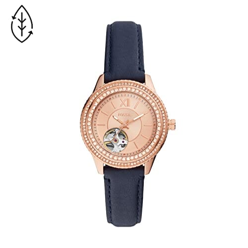 ساعة فوسيل النسائية الأوتوماتيكية Fossil Women's Stella Automatic Stainless Steel and Eco Leather Three-Hand Skeleton Watch, Color: Rose Gold, Navy (Model: ME3212)