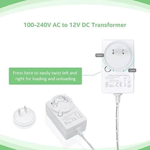 محول إمداد الطاقة إلى محول تيار مستمر بجهد 12 فولت  V 2A Power Supply Adapter, HUIYEETEX 100-240V AC to 12V DC Transformer for LED Strip Lights and Other 12V Low Voltage Devices with 5ft Cable, White