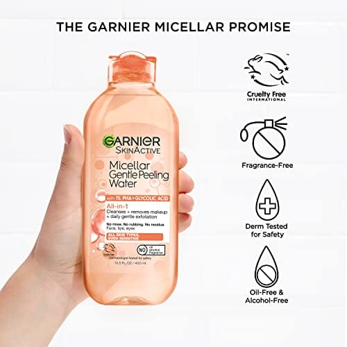 ماء التقشير اللطيف مع وحمض الجليكوليك ومنظف الوجه ومزيل المكياج عبوتان Garnier SkinActive Micellar Gentle Peeling Water with 1% PHA and Glycolic Acid, Facial Cleanser and Makeup Remover, 2 Pack