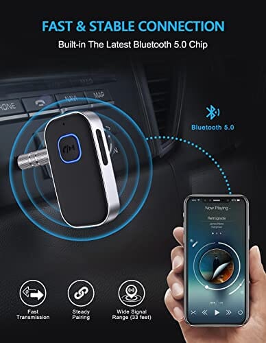 جهاز استقبال بلوتوث 5.0 للسيارة COMSOON Bluetooth 5.0 Receiver for Car, Noise Cancelling Bluetooth AUX Adapter, Bluetooth Music Receiver for Home Stereo/Wired Headphones/Hands-Free Call, 16H Battery Life - Black+Silver