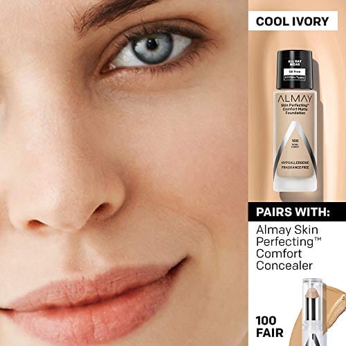 كريم أساس غير لامع سكين بيرفيكتنج كومفورت من ألماي Almay Skin Perfecting Comfort Matte Foundation, Hypoallergenic, Cruelty Free, Fragrance Free, Dermatologist Tested Liquid Makeup, Cool Ivory, 1 Fluid Ounce (Pack of 2)