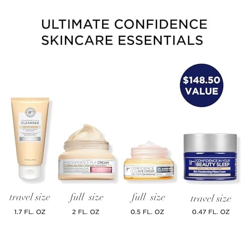 مجموعة هدايا العناية بالبشرة IT Cosmetics Your Ultimate Confidence Essentials Skincare Gift Set – 4-Piece Anti-Aging Skincare Kit – Includes Face Moisturizer, Eye Cream, Night Cream & Cleanser – Full Size & Travel Favorites