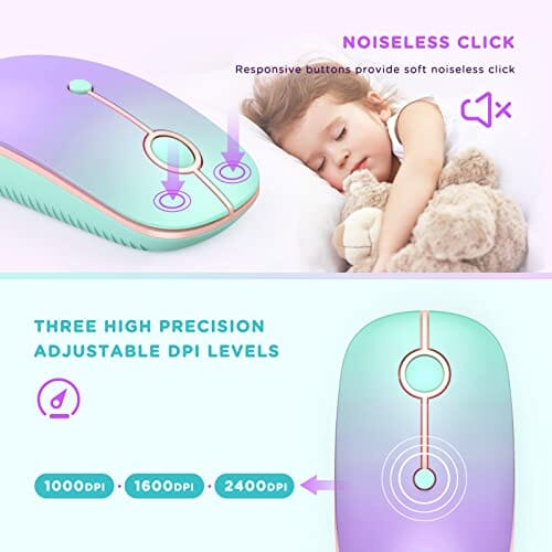 ماوس سيندا بلوتوث seenda Bluetooth Mouse - Dual Mode (Bluetooth 4.0 + 2.4GHz) Mouse with USB Receiver, Wireless Slim Portable Multi-Device Mice for iPad, MacBook, Laptop, PC (Gradient Mint Green to Purple)