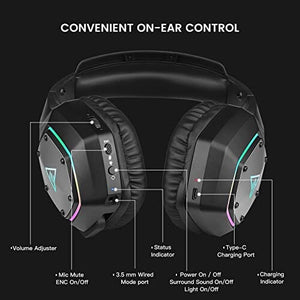 سماعة رأس لاسلكية للكمبيوتر EKSA E1000WT USB Wireless Headset for PC PS4 PS5-7.1 Surround Sound, Noise Cancelling Microphone, 36 Hour Battery, 2.4G USB Dongle, Game/Music Mode, Gaming Headphones for Computer, Laptop