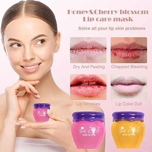 قطعتان من ماسك الشفاه ليلي 2 PCS Lip Mask Overnight, Honey&Sakura Day and Night Repair Sleeping Lip Balm, Fade Lip Lines Bee Balm, Hydrating &Prevention Dry and Crack Lip Scrubs Exfoliator