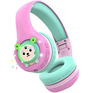 سماعات رأس للأطفال الصغار للمدرسة مع ميكروفون Riwbox Kids Bluetooth Headphones, Baosilon FB-7S Frog Kids Toddler Headphones for School with Mic, 75/85/95dB Volume Limited Light Up Wireless Headphones Over Ear for Girls (Pink&Green)