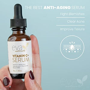 مصل إيفا ناتشورالز فيتامين سي للوجه Eva Naturals Vitamin C Serum for Face Plus Hyaluronic Acid, Retinol, Niacinamide & Salicylic Acid, Anti Aging Serum, Reduce Fine Lines, Wrinkles & Dark Spots, Brightening Skin Serum for Glowing Skin (1 oz)