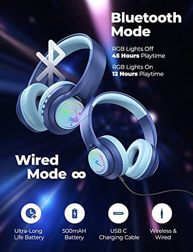 ترانس نوفا سماعات بلوتوث للأطفال iClever TransNova Kids Bluetooth Headphones, LED Lights Up, Replaceable Plate, 74/85/94dB Volume Limited, 45H Playtime, Stereo Sound, Kids Headphones Wireless with Case for Travel iPad Tablet, Blue