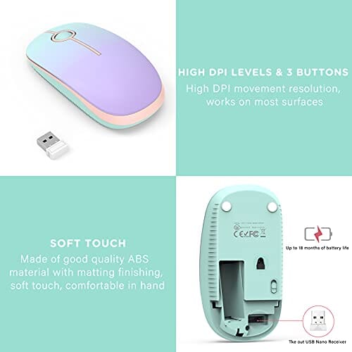 ماوس لاسلكي Wireless Mouse, 2.4G Silent Mouse with USB Receiver, 18 Month Battery Life, 1600 high DPI Precision- Portable Computer Mice for Windows/Mac/Linux, Mint Green Gradient Pink Purple