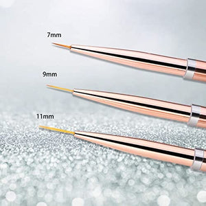 مجموعة فرش فنية من فرشاة تصميم فن الأظافر Nail Art Liner Brushes Set, JASSINS Nail Art Design Brush,Striping Thin Long Line Pen（7mm/9mm/11mm） (Rose Gold)