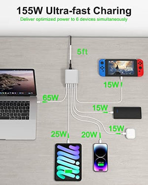 محول طاقة سريع الشحن بقدرة 155 وات و 6 منافذ USB C Charger, 155W 6-Port Fast USB C Charging Station, Portable USB C Wall Charger, USB C Power Adapter for MacBook Pro/Air Series, iPhone 14/13/12/Mini/Pro/Pro Max, Samsung Galaxy Note, and More