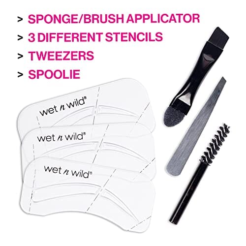 مجموعة أدوات الاستنسل العالمية للحواجب من ويت إن وايلد Wet n Wild Ultimate Eyebrow Universal Stencil Kit, 5 Brow Color Makeup Set, Spoolie For Brushing and Blending, Hair Removal Tweezers, Sponge Brush Applicator, 3 Stencils, Universal Appeal