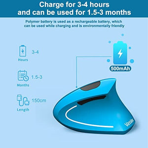 ماوس لاسلكي قابل لإعادة الشحن Vassink Ergonomic Mouse, Rechargeable Wireless Mouse, 2.4GHz Rechargeable Vertical Optical Mouse with USB Receiver, 6 Buttons, 800/1200/1600 DPI, for Laptop, PC, Computer (Blue)