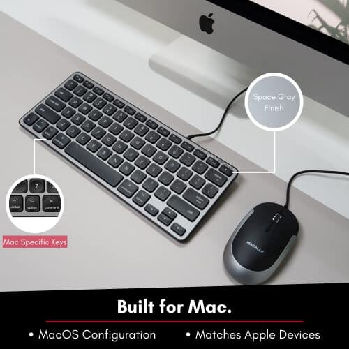 لوحة مفاتيح رفيعة ومضغوطة مع 3 مستويات سطوع مفاتيح Macally Backlit Mac Keyboard Wired - The Perfect Size and Lighted - Slim and Compact Apple Keyboard with 3 Level Brightness LED Keys - Small Wired Keyboard for Mac, MacBook Pro/Air, iMac (Space Gray)