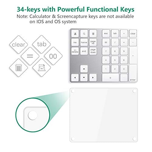 لوحة مفاتيح رقمية بتقنية البلوتوث مع اختصارات متعددة 34 مفتاح Bluetooth Numeric Keypad with Multiple Shortcuts 34-Keys Number Pad Wireless Portable Slim Number Pad for iPad/Mac/Laptop/PC Compatible with Windows Android iOS System