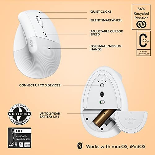 ماوس لاسلكي عمودي مريح Logitech Lift for Mac Wireless Vertical Ergonomic Mouse, Bluetooth, Quiet Clicks, Silent Smartwheel, 4 Customisable Buttons, for macOS/iPadOS/MacBook Pro/ Air/iMac/iPad - Off White