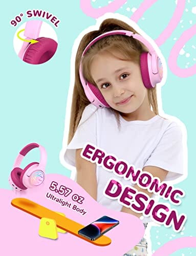 سماعات بلوتوث للأطفال مع صوت ستيريو مضيء لاسلكية iClever Kids Bluetooth Headphones with LED Lights, BTH18 Safe Volume 74/85/94dBA, 43H Playtime, Stereo Sound, USB-C, AUX Cable, Bluetooth5.3 Over Ear Kids Headphones Wireless for Tablet/Travel, Pink