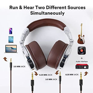 سماعات رأس استريو سلكية ممتازة مع مشغل 50 مم Over Ear Headphone, Wired Premium Stereo Sound Headsets with 50mm Driver, Foldable Comfortable Headphones with Protein Earmuffs and Shareport for Recording Monitoring Podcast PC TV- with Mic (Silver)