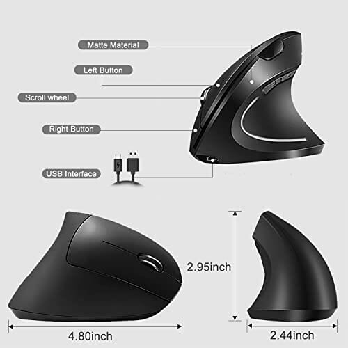 Ergonomic Wireless Mouse, Wireless Vertical Mouse 2.4GHz Optical Mice with  Adjustable DPI 800/1200/1600 for Small Hands,Black