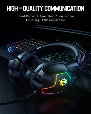 سماعات رأس الألعاب المانعة للضوضاء مع ميكروفون Gaming Headset for Xbox One PS4 PS5 PC Switch, Noise Canceling Headphones with Microphone, 3.5mm Audio Jack, Auto-Adjust Headband, 50mm Drivers, RGB Light, Lightweight Wired Gaming Headphones-Black