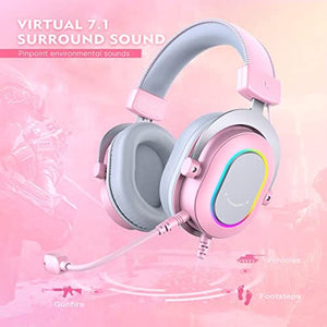 سماعة رأس سلكية USB مع ميكروفون FIFINE PC Gaming Headset, USB Wired Headset with Microphone, 7.1 Surround Sound, in-Line Control, Computer RGB Over-Ear Headphones for PS4/PS5, for Streaming/Game Voice/Video-AmpliGame H6 (Pink)