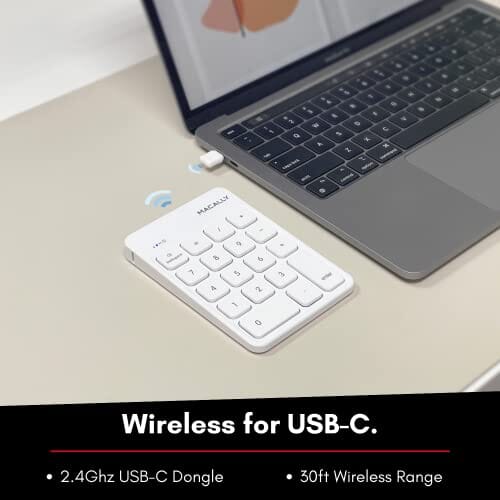 لوحة مفاتيح رقمية لاسلكية Macally 2.4G Wireless Numeric Keypad USB C - The Perfect MacBook Sidekick - Rechargeable USB C Number Pad with 18 Scissor Switch Keys - Type C Numeric Keypad for Mac PC iPad and Chrome - White