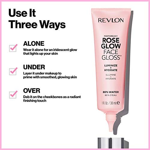 برايمر الوجه من ريفلون فوتو ريدي للوجه اللامع لجميع أنواع البشرة Face Primer by Revlon, PhotoReady Face Gloss Rose Glow, Face Makeup for All Skin Types, Hydrates, Illuminates & Moisturizes, Infused with Glycerin & Olive Oil Extract, 80% Water, 1 Fl Oz