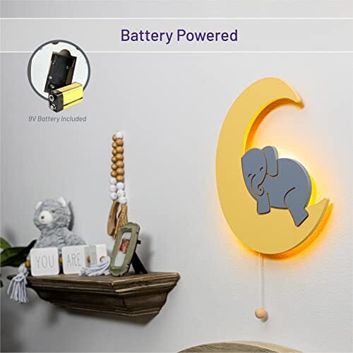 مصباح فيل على القمر Lumipets Lighted Elephant on Moon, Nursery Night Light, Wall Mounted Lighted, Battery Operated Cloud Light Sign–Lightweight Moon Night Light for Babies, Toddlers, Kids