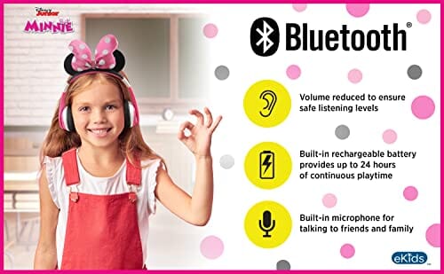 سماعات رأس بلوتوث للأطفال ميني ماوس من إي كيدز eKids Minnie Mouse Kids Bluetooth Headphones, Wireless Headphones with Microphone Includes Aux Cord, Volume Reduced Kids Foldable Headphones for School, Home, or Travel, Pink