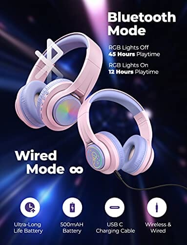 ترانس نوفا سماعات بلوتوث للأطفال iClever TransNova Kids Bluetooth Headphones, LED Lights Up, Replaceable Plate, 74/85/94dB Volume Limited, 45H Playtime, Stereo Sound, Kids Headphones Wireless with Case for Travel iPad Tablet, Pink