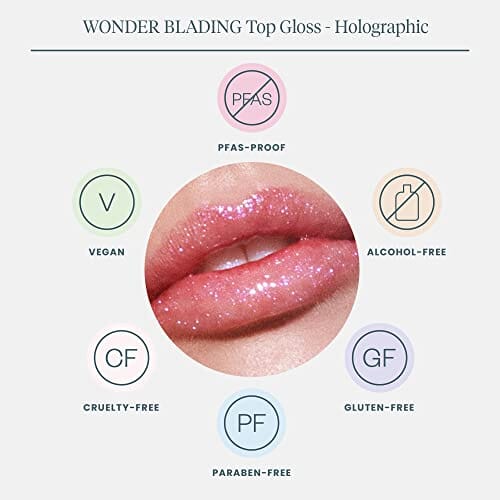 ملمع شفاه هولوغرافيك مكياج شفاه عالي اللمعان بدون ملمس لزج أو تاكي (هولوغرافيك) Wonderskin WONDER BLADING Top Gloss - Holographic Lip Gloss, High Shine Lip Makeup, No Sticky or Tacky Feel, (Holographic)