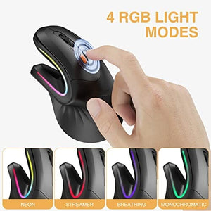 ماوس لاسلكي مريح ماوس بلوتوث عمودي قابل لإعادة الشحن Ergonomic Mouse Wireless, ProtoArc EM11 Bluetooth Vertical Ergo Mouse, Rechargeable, 2.4G RGB Optical Vertical Mice with 3 Adjustable DPI, 3-Device Connection for PC, iPad, Mac, Windows-Black