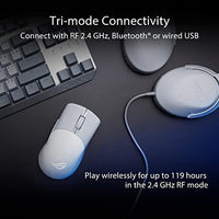 ماوس ألعاب لاسلكي اتصال ثلاثي الأوضاع Asus ROG Keris Wireless AimPoint Gaming Mouse, Tri-mode connectivity (2.4GHz RF, Bluetooth, Wired), 36000 DPI sensor, 5 programmable buttons, ROG SpeedNova, Replaceable switches, Paracord cable, White