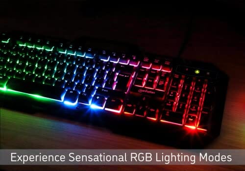 لوحة مفاتيح الألعاب السلكية مانهاتن مع إضاءة خلفية Manhattan Wired Membrane Gaming Keyboard –with Backlit RGB LED, Metal Base, IPX4 Splashproof, Phone Holder, 12 Multimedia Function Quiet Keys-for Computer, PC, Desktop, Gamer –3 Yr Mfg Warranty–180610