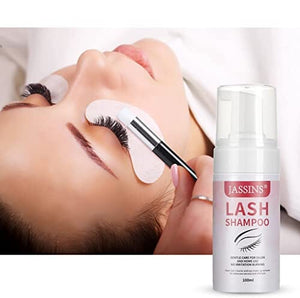 شامبو لإطالة الرموش منظف للرموش JASSINS Lash Shampoo for Lash Extensions, Eyelash Extension Cleanser Kit,100ml Shampoo/Cleaning Brush/Rinse Bottle/Mascara Brush/Eye Pads,No stimulation,For Professional & Self Use