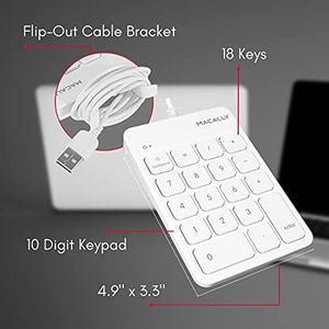 لوحة أرقام USB سلكية لأجهزة الكمبيوتر المحمول Macally Wired USB Number Pad for Laptop - Slim USB Numeric Keypad with 5ft Cable, Plug and Play 18 Keys - Keyboard Numpad Compatible with Windows PC and Mac - Perfect Add On 10 Key USB Keypad - White