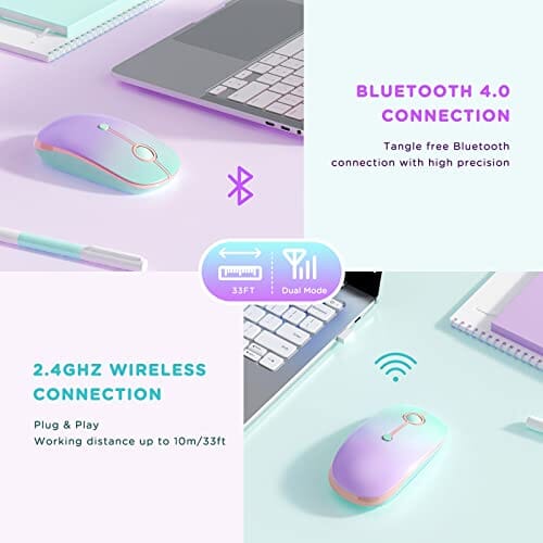 ماوس سيندا بلوتوث seenda Bluetooth Mouse - Dual Mode (Bluetooth 4.0 + 2.4GHz) Mouse with USB Receiver, Wireless Slim Portable Multi-Device Mice for iPad, MacBook, Laptop, PC (Gradient Mint Green to Purple)