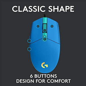 ماوس ألعاب سلكي لوجيتك Logitech G203 Wired Gaming Mouse, 8,000 DPI, Rainbow Optical Effect LIGHTSYNC RGB, 6 Programmable Buttons, On-Board Memory, Screen Mapping, PC/Mac Computer and Laptop Compatible - Blue