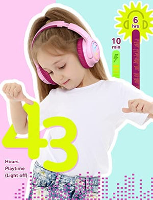 سماعات بلوتوث للأطفال مع صوت ستيريو مضيء لاسلكية iClever Kids Bluetooth Headphones with LED Lights, BTH18 Safe Volume 74/85/94dBA, 43H Playtime, Stereo Sound, USB-C, AUX Cable, Bluetooth5.3 Over Ear Kids Headphones Wireless for Tablet/Travel, Pink