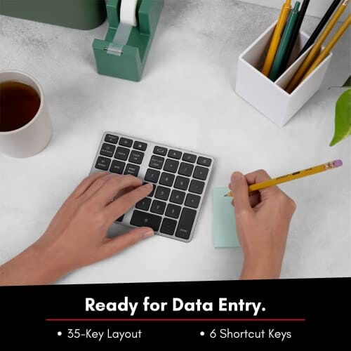 لوحة أرقام بلوتوث لأجهزة الكمبيوتر المحمول من ماكالي Macally Bluetooth Number Pad for Laptop - Slim Aluminum Design - Rechargeable Wireless Numeric Keypad - 35 Key Numpad Keyboard for Data Entry - for MacBook Pro/Air, iPad, iPhone, iOS, PC, Android