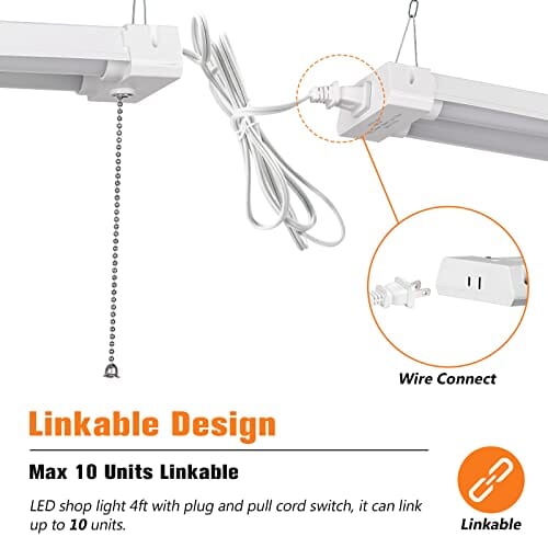 مصباح سقف FT Linkable LED Shop Light for Garages, 42W 4800LM 5000K Daylight LED Shop Lights, LED Ceiling Light with Pull Chain (ON/Off), Linear Worklight Fixture with Plug, 2 Pack