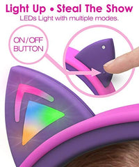 سماعات رأس للأطفال مع آذان قطط FosPower Kids Headphones with LED Cat Ears, 3.5mm On-Ear Wired Headset with Laced Cables for iPad/Smartphones/PC/Kindle/Tablet/Laptop/School (Max Volume 85dB) - Hot Pink/Purple