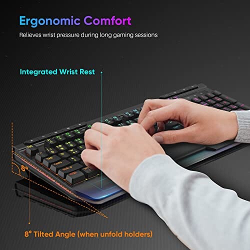لوحة مفاتيح سلكية مخصصة للألعاب بإضاءة خلفية Qwecfly Gaming Keyboard RGB Wired Customized Backlit, 9 Dedicate Multimedia Keys, Full Size Keyboard with Ergonomic Wrist Rest, 26 Anti-ghosting Keys for PC, Laptop, Gamer
