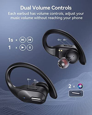 سماعات بلوتوث لاسلكية، صوت ستيريو باس مع حافظة شحن Bluetooth Headphones Wireless Earbuds Bass Stereo Sound with Wireless Charging Case 48H Playback Earphones LED Display With Built in Mic and Over Earhooks Waterproof Headset for Running Workout Sports