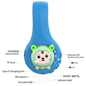 سماعات رأس للأطفال الصغار للمدرسة مع ميكروفون Riwbox Baosilon FB-7S Frog Kids Headphones Bluetooth, LED Light Up Bluetooth Headphones Over Ear Volume Limited Safe 75/85/95dB with Mic and TF-Card, Children Headphones for School/PC (Blue&Grey)