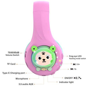 سماعات رأس للأطفال الصغار للمدرسة مع ميكروفون Riwbox Kids Bluetooth Headphones, Baosilon FB-7S Frog Kids Toddler Headphones for School with Mic, 75/85/95dB Volume Limited Light Up Wireless Headphones Over Ear for Girls (Pink&Green)