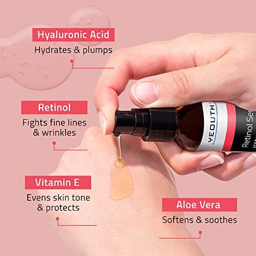 مصل الريتينول للوجه مع حمض الهيالورونيك Retinol Serum for Face with Hyaluronic Acid, Hydrating Night Serum for Face, Retinol for Acne, Wrinkle & Dark Spots, Anti Aging Serum, Retinol for Face, Skin Care Face Serum for Men & Women by YEOUTH