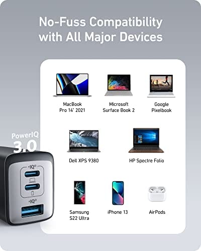 شاحنة انكر Anker USB C Charger, 735 Charger (Nano II 65W), iPad Charger, PPS 3-Port Fast Compact Foldable for MacBook Pro/Air, iPad Pro, Galaxy S23, Dell XPS 13, Note 20/10+, iPhone 14/Pro, Steam Deck, and More