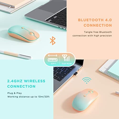 ماوس سيندا بلوتوث seenda Bluetooth Mouse - Dual Mode (Bluetooth 4.0 + 2.4GHz) Mouse with USB Receiver, Wireless Slim Portable Multi-Device Mice for iPad, MacBook, Laptop, PC (Gradient Orange to Mint Green)